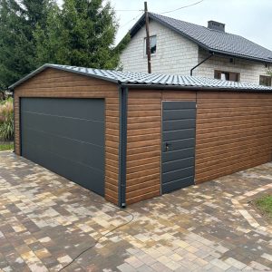 Garaż blaszany 6m x 5,80m, brama segmentowa, drewnopodobny, blachodachówka