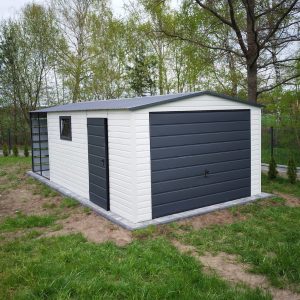 Garaż blaszany 3,5m x 5m + 2 m wiata, brama uchylna, drzwi i okno