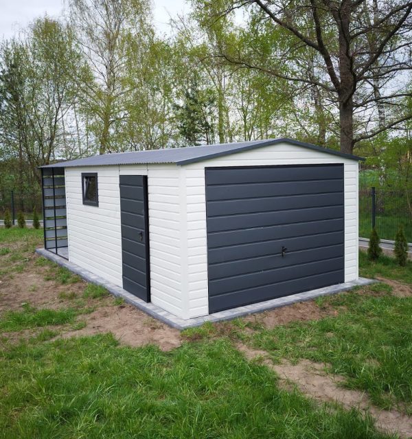Garaż blaszany 3,5m x 5m + 2 m wiata, brama uchylna, drzwi i okno