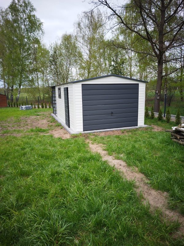 Garaż blaszany 3,5m x 5m + 2 m wiata, brama uchylna, drzwi i okno - Image 2