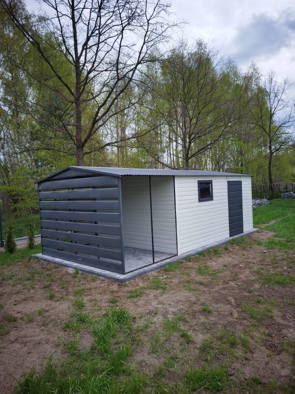 Garaż blaszany 3,5m x 5m + 2 m wiata, brama uchylna, drzwi i okno - Image 4